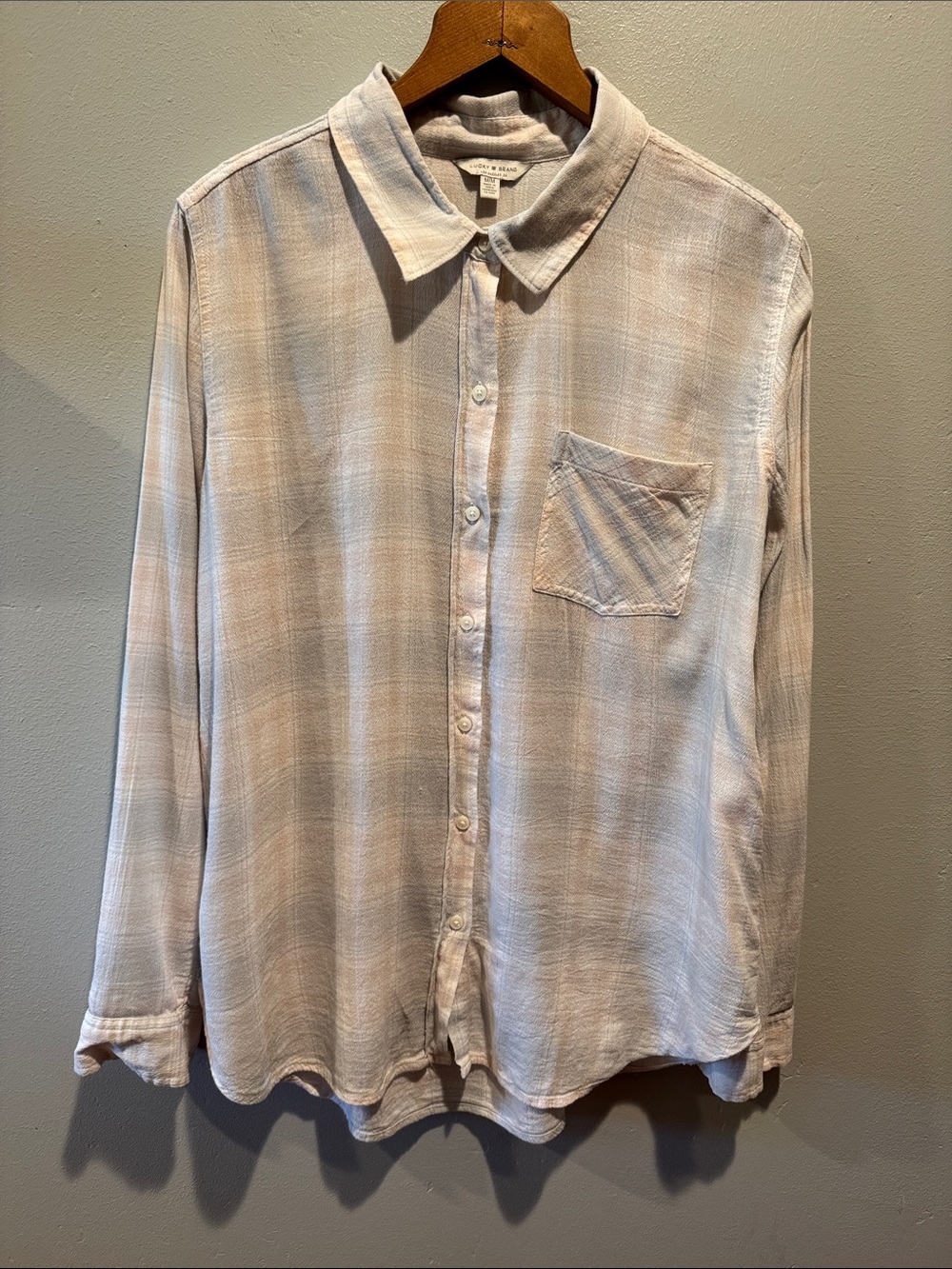 Lucky Brand Sandy Cream Faint Plaid Long-Sleeve Button-Up Shirt Light Beige